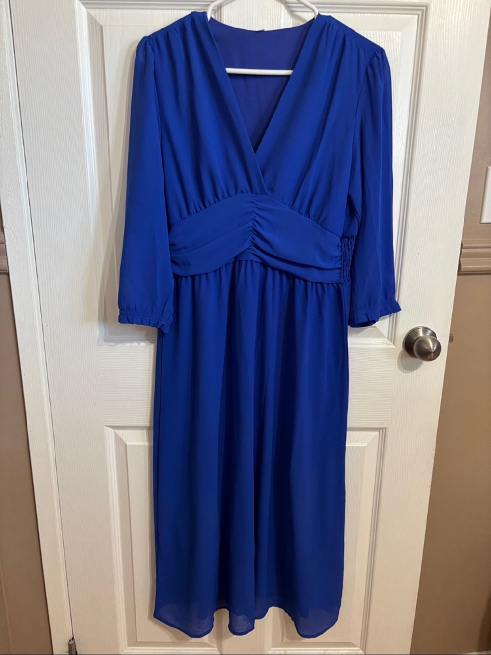 Blue V-Neck Midi Dress - Women's Elegant Gathered Waist